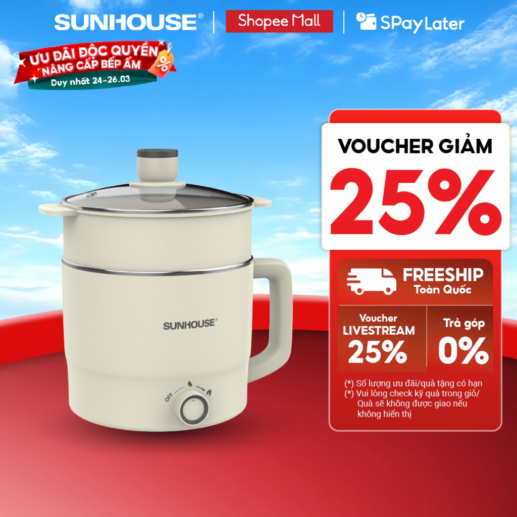 Lẩu điện mini đa năng Sunhouse 1,6L (SHD4516) - 2L (SHD4517) - Đa năng 4in1 - Lòng nồi inox 304 - Tích hợp tay cầm