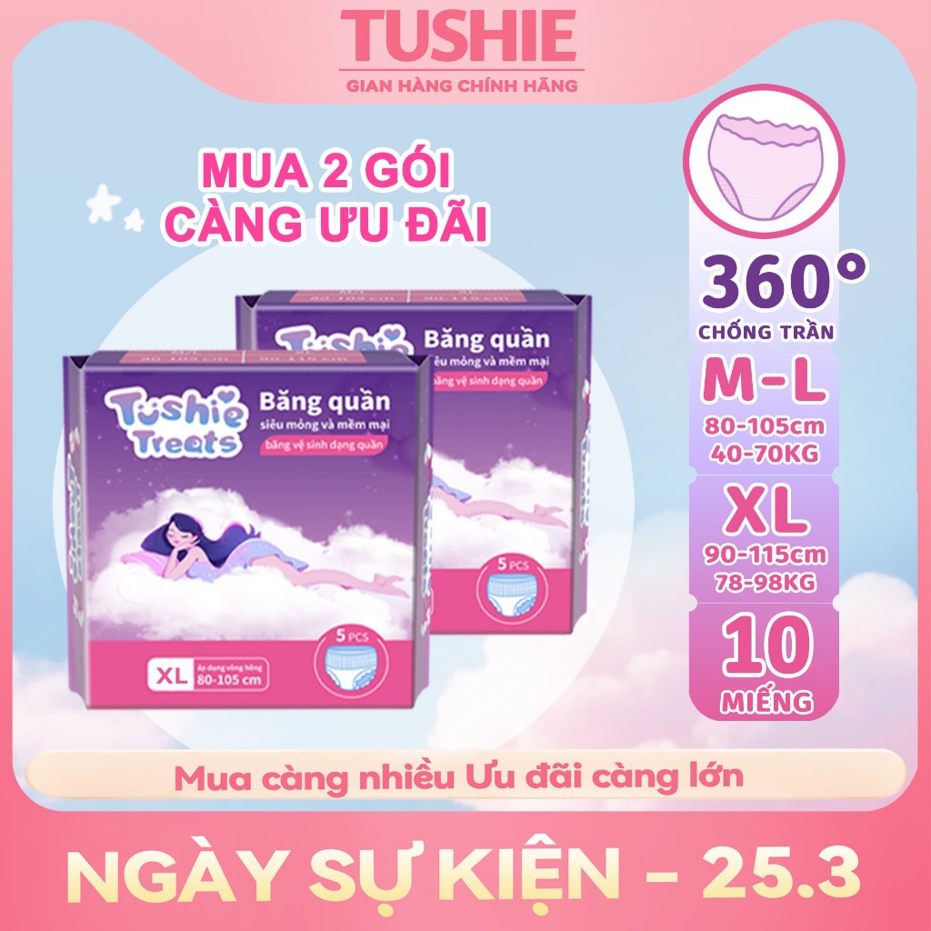 [CHE TÊN] Combo 10 miếng băng vệ sinh dạng quần Tushie Treats size M-2XL, Quần bvs mềm mịn, không cộm, không lộ viền