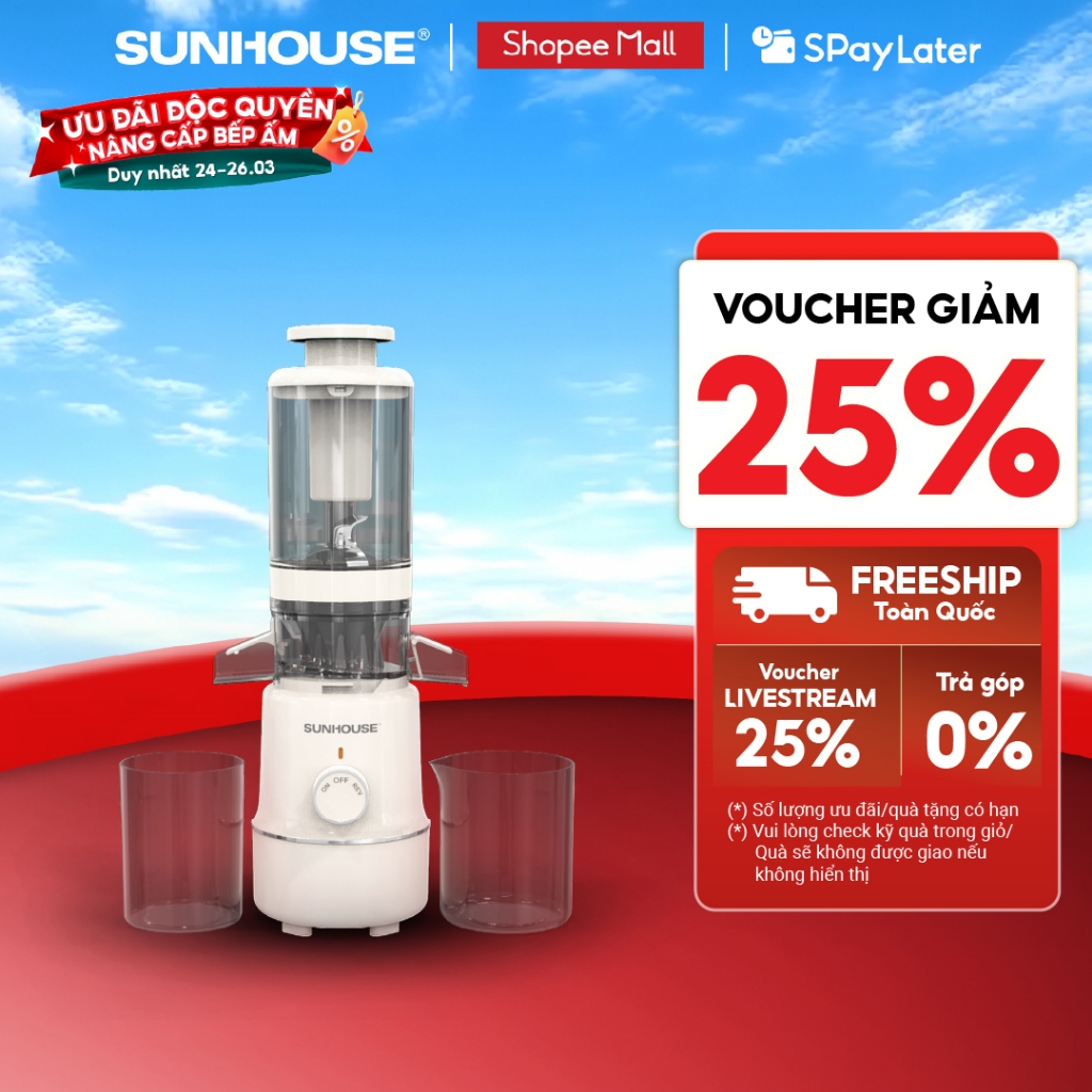 Máy ép chậm Sunhouse SHD5515 - Dung tích 600ml - Làm được kem, lưỡi cắt vượt trội - Ống tiếp nguyên liệu lớn 108mm