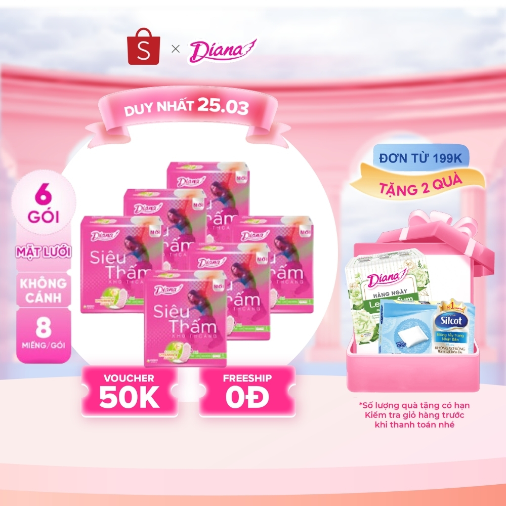 Bộ 6 gói băng Vệ Sinh Diana Siêu thấm Siêu mỏng không cánh (Gói 8 Miếng)