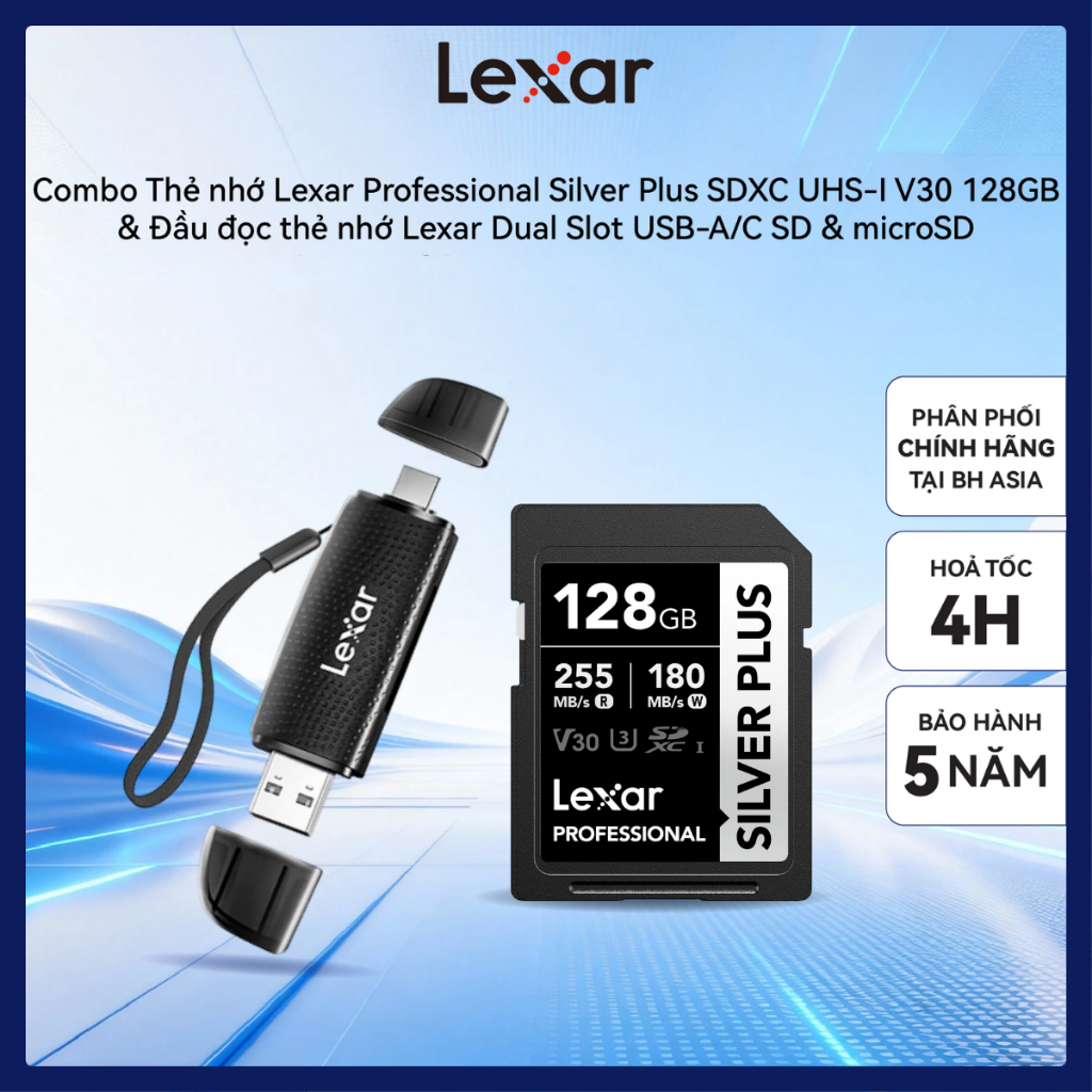 [COMBO] Thẻ nhớ Lexar Professional Silver Plus SDXC UHS-I V30 128GB và Đầu đọc thẻ nhớ Lexar Dual Sl
