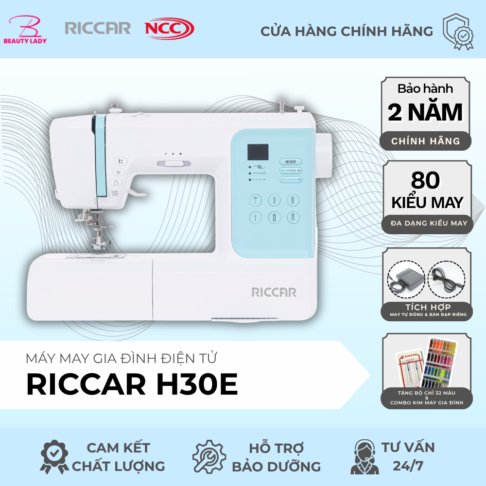 Máy may gia đình Riccar H30E - 86 mẫu đường may, tốc độ 800spm, màn hình LCD, đèn LED