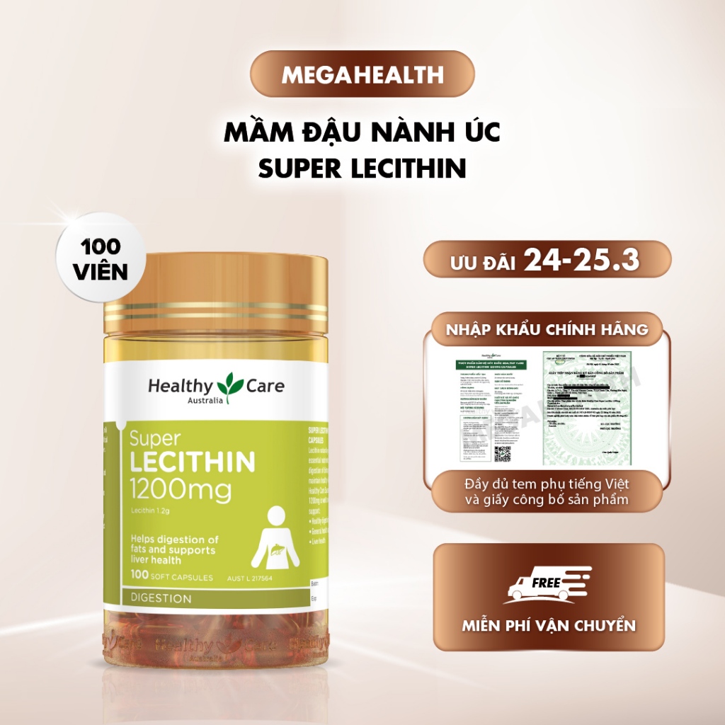 [DEAL MỞ BÁN] Mầm đậu nành Super Lecithin 1200mg – Hỗ trợ nội tiết tố nữ – Healthy Care (100 viên)