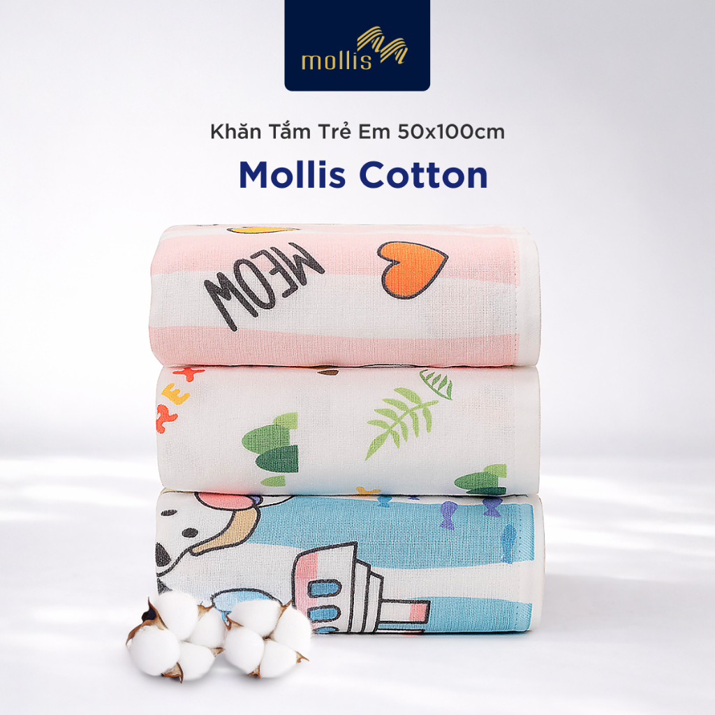 Khăn Tắm Trẻ Em Mollis Cotton 50x100cm Cao Cấp Cotton USA Mềm Mại Siêu Thấm Hút An Toàn Cho Da Nhạy Cảm Của Em Bé BM6A