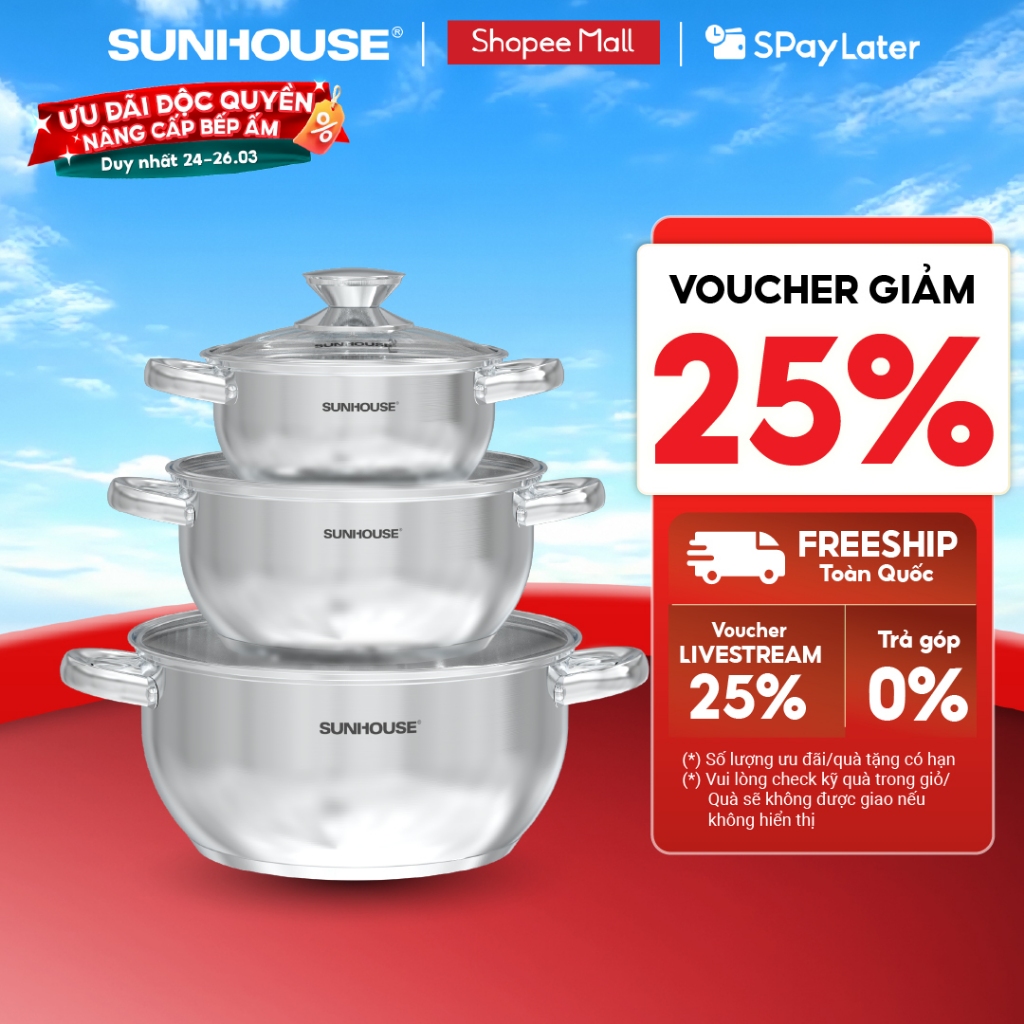 Bộ nồi inox 3 đáy Sunhouse Eco SHG334E - Gồm 3 nồi 16-20-24cm - Inox an toàn, chất lượng - Dùng cho mọi loại bếp
