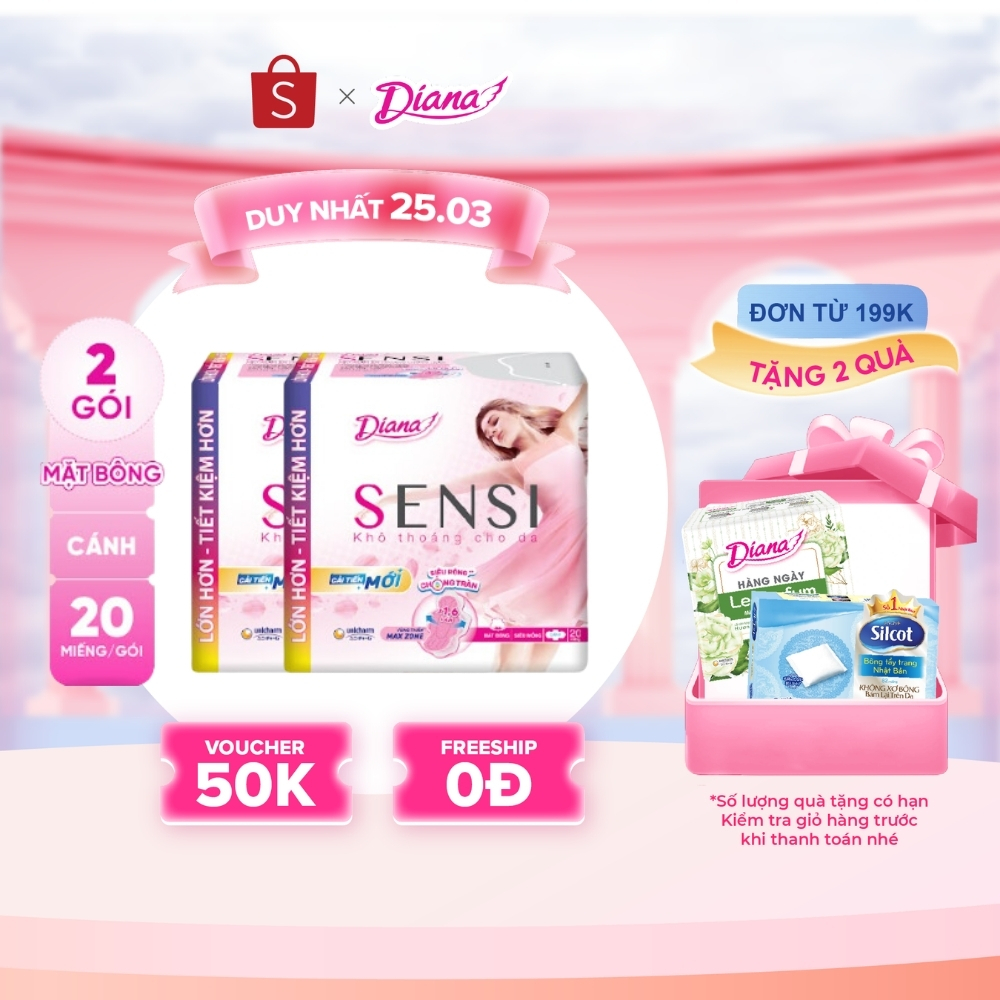 (Sản phẩm cải tiến) Bộ 2 gói băng vệ sinh Diana Sensi siêu mỏng cánh 20 miếng/gói