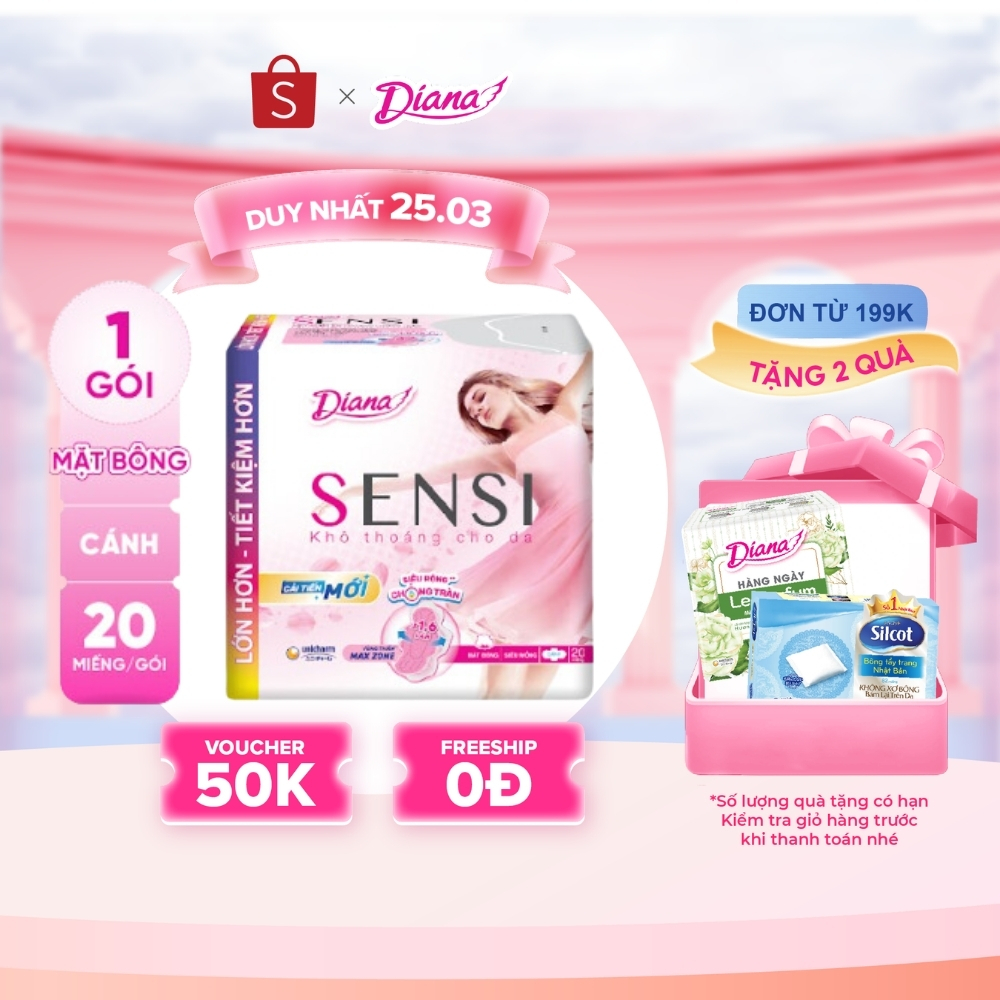 (Sản phẩm cải tiến) Băng vệ sinh Diana Sensi siêu mỏng cánh 20 miếng/gói