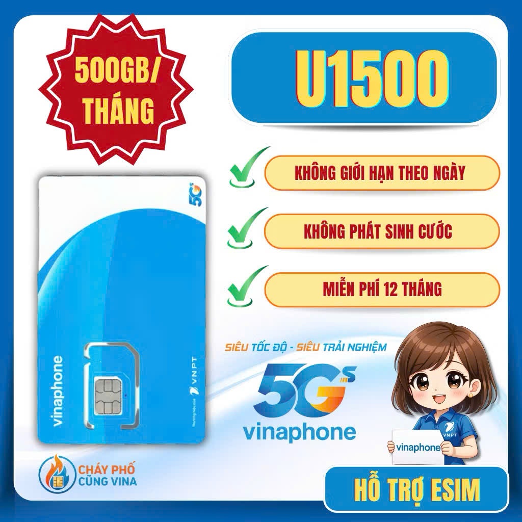 Sim U1500 5G - Sim Vinaphone 12 tháng sử dụng 500GB/Tháng
