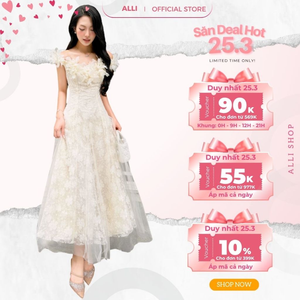 Váy Đi Bàn Tiệc Cưới, Dự Tiệc Chất Ren Phối Lưới Cao Cấp Dáng Dài Trễ Vai Đính Hoa Nổi V1244 Medechill