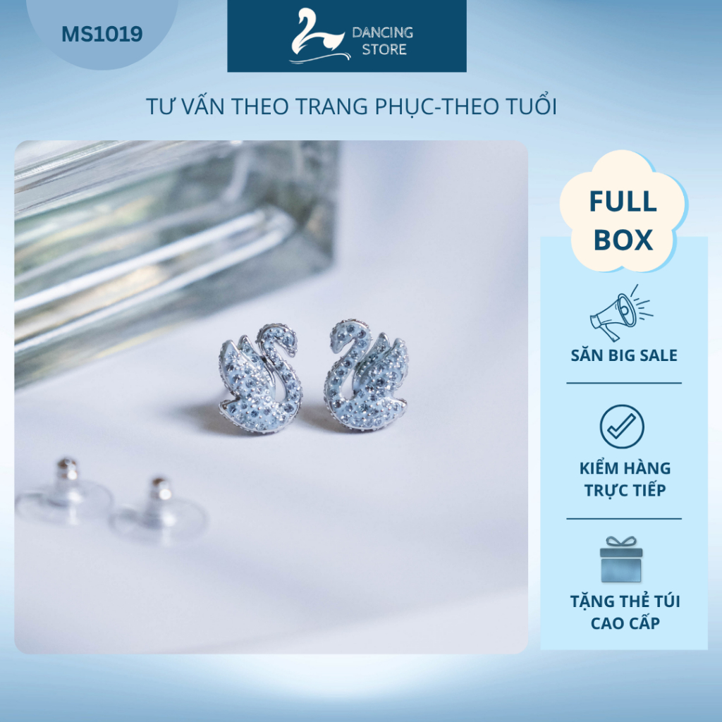 Bông tai Nữ Iconic Swan Đá xanh Blue mẫu mới Thanh Lịch Dancing Store Fullbox