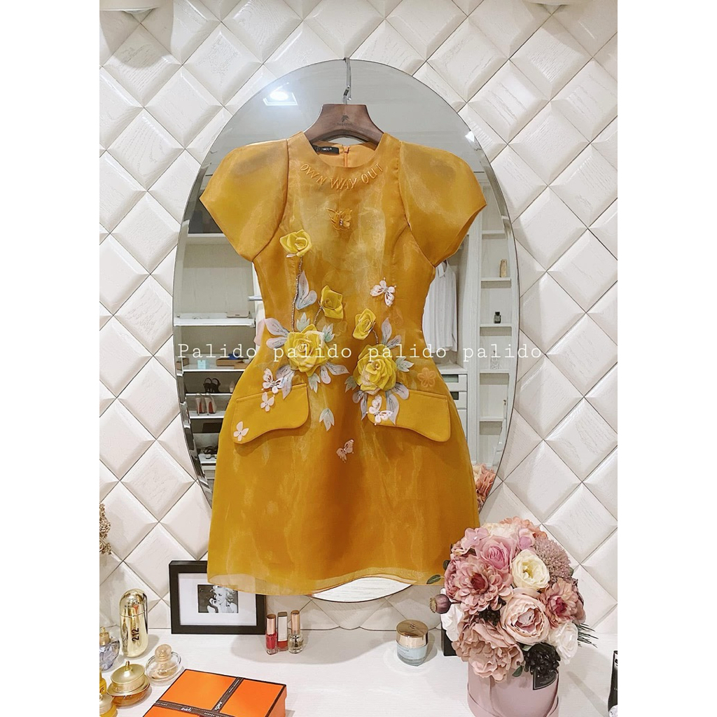 PASS - VÁY THÊU HOA VÀNG VOAN MAY COVER SBHN PALIDO