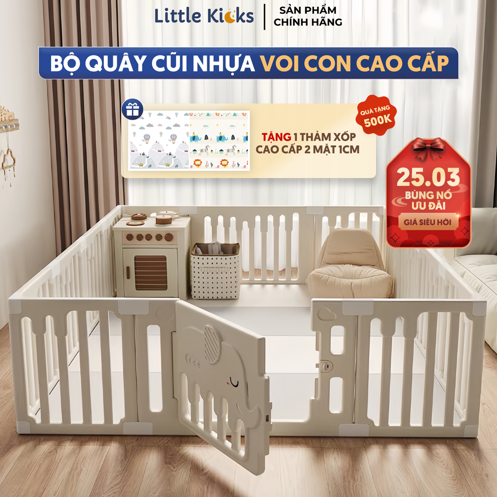 (TẶNG THẢM) Quây Cũi Nhựa Voi Con Cao Cấp Little Kicks Cho Bé An Toàn Chắc Chắn - Bảo Hành Trọn Đời