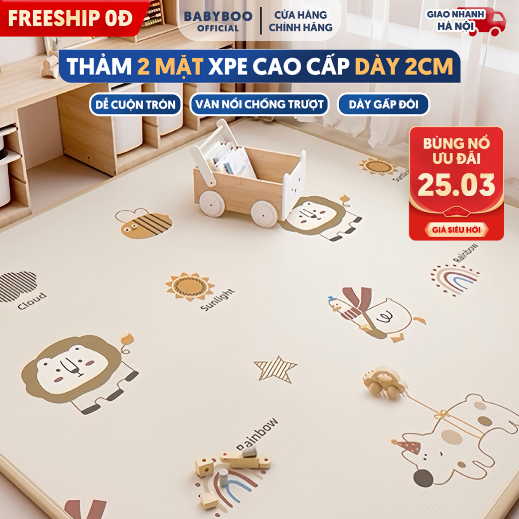 Thảm Xốp Cho Bé Little Kicks , Thảm Cuộn XPE Họa Tiết Cao Cấp An Toàn Cho Bé 2 Mặt Chống Nước Dày 2cm