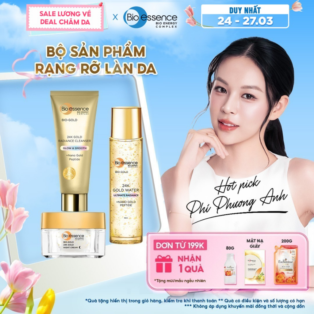 Bộ Bio-essence Bio-essence Gold – Tinh chất vàng 24k: Nước dưỡng 150ml, Sữa rửa mặt 100g, Kem Dưỡng Da Ngày/ Đêm 40g