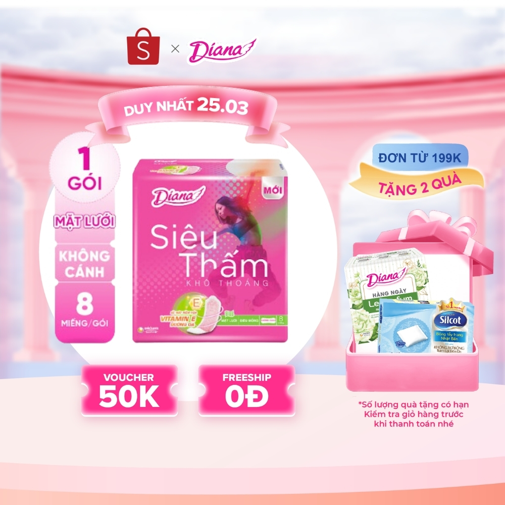 Băng Vệ Sinh Diana Siêu thấm Siêu mỏng không cánh (Gói 8 Miếng)
