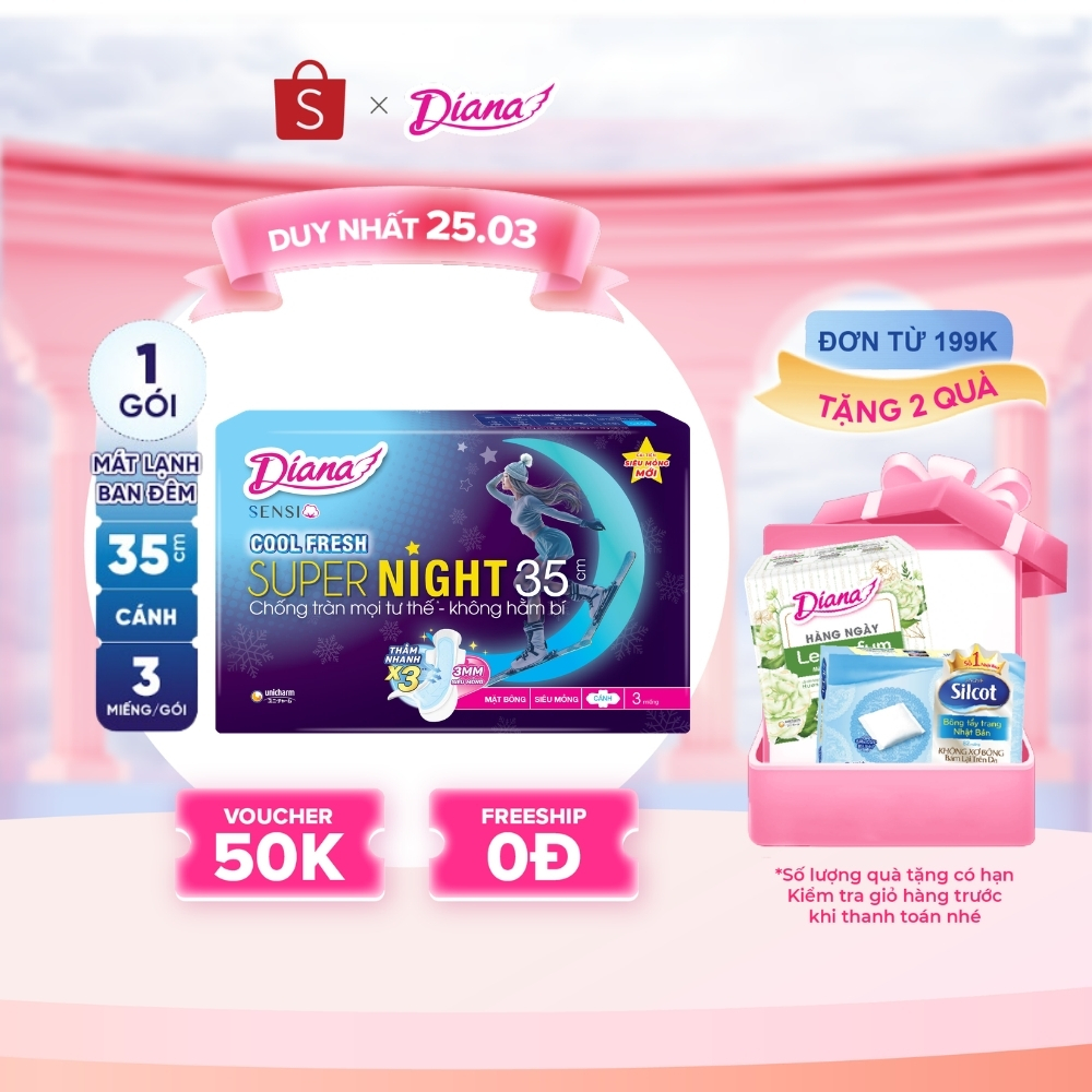Băng vệ sinh ban đêm Diana Sensi Cool Fresh Supernight 35cm 3 miếng/gói 