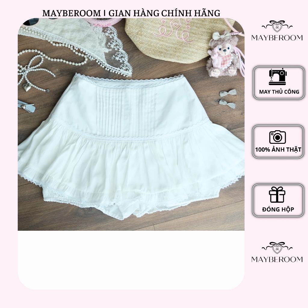MAYBEROOM® Chân váy trắng đũi lạnh dáng ngắn mix ren kèm quần bảo hộ bo chun Amélie Blouse Skirt
