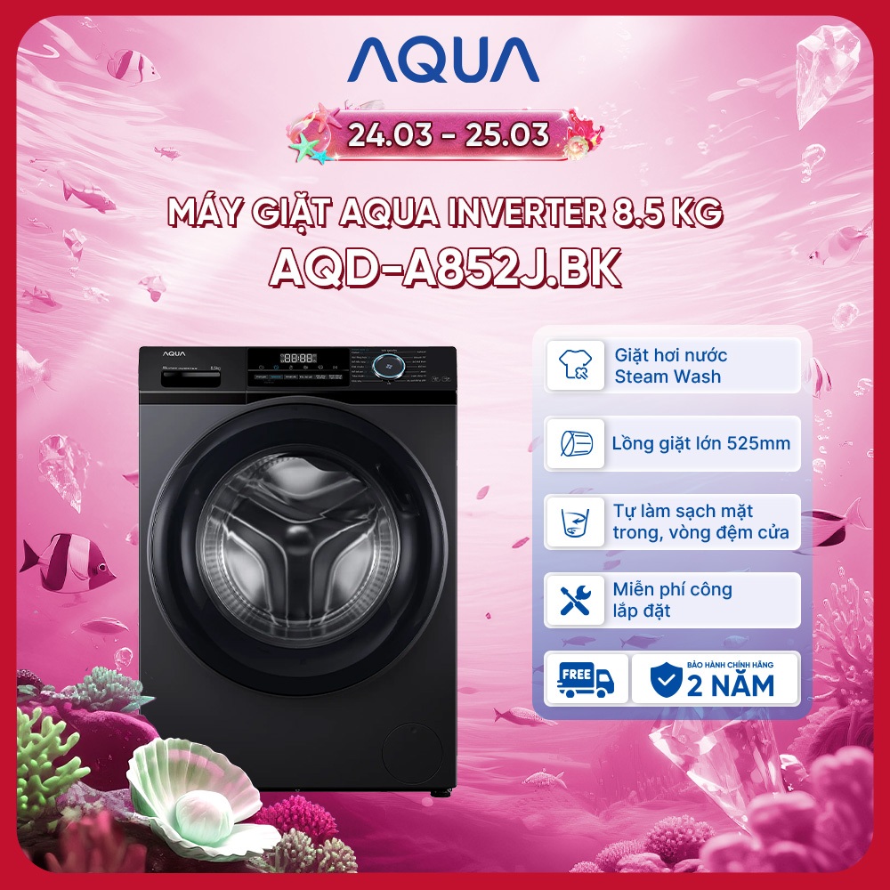 Máy giặt cửa trước Aqua Inverter 8.5KG AQD-A852J.BK - Miễn phí giao hàng toàn quốc - Hỗ trợ lắp đặt