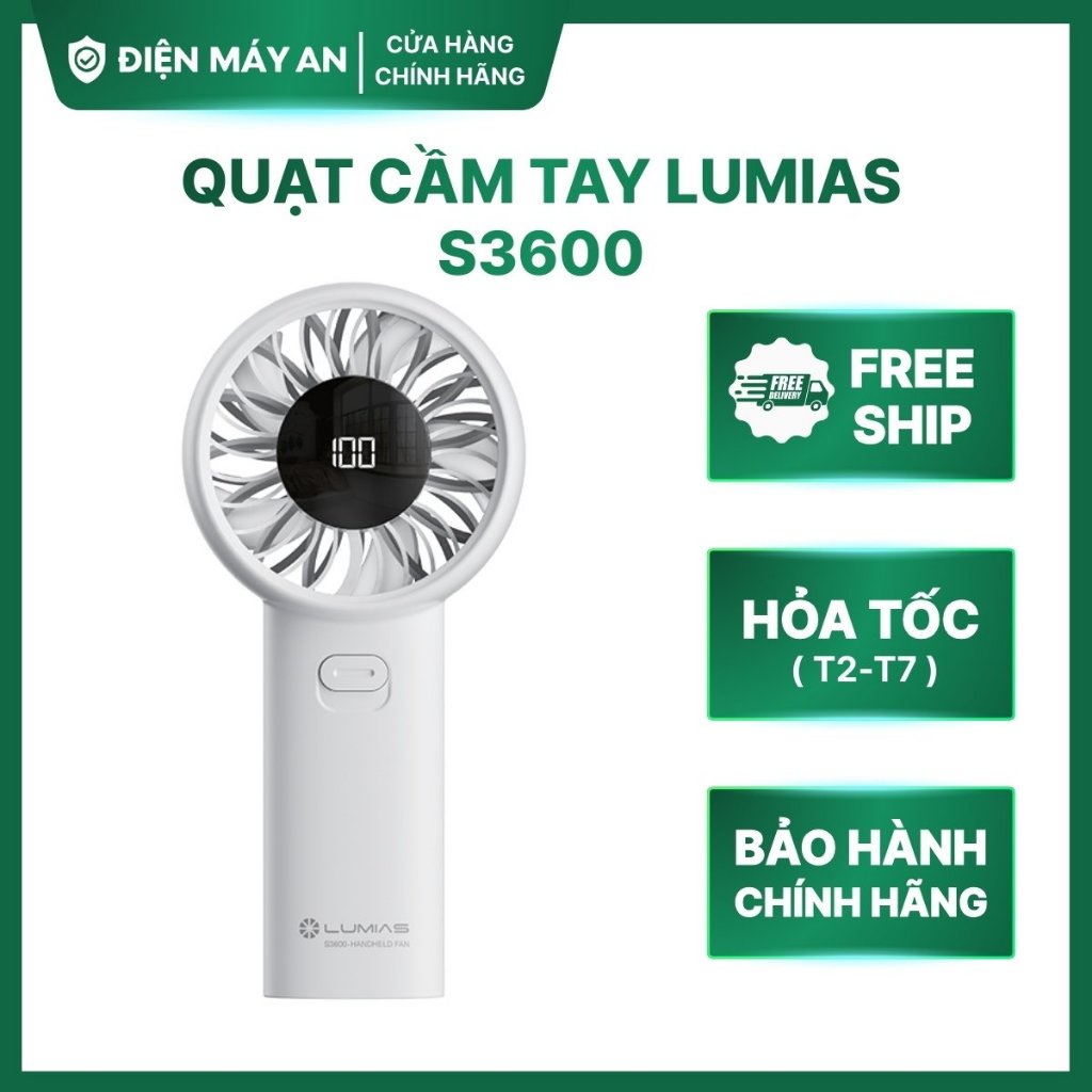 Quạt cầm tay Lumias S3600 - 3600mAh, 5 cấp độ gió - Màn hình LED hiển thị cấp độ gió