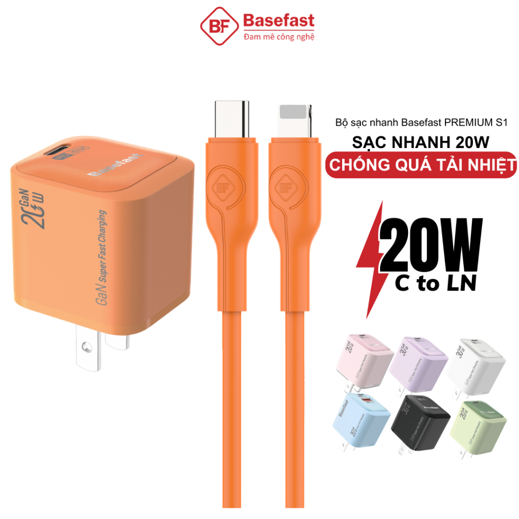 Bộ sạc nhanh C to L 20W Basefast Combo củ GaN kèm dây siêu bền cho Phone xs max 11 12 13 14 pro