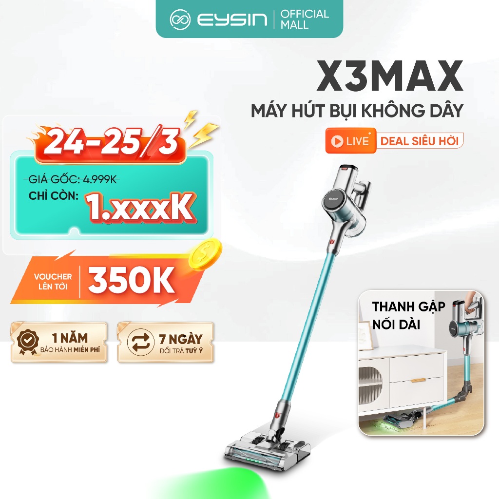 Máy hút bụi cầm tay không dây 4in1 Eysin X3MAX, kèm đầu hút giường nệm với phân loại - Bảo Hành 12 Tháng