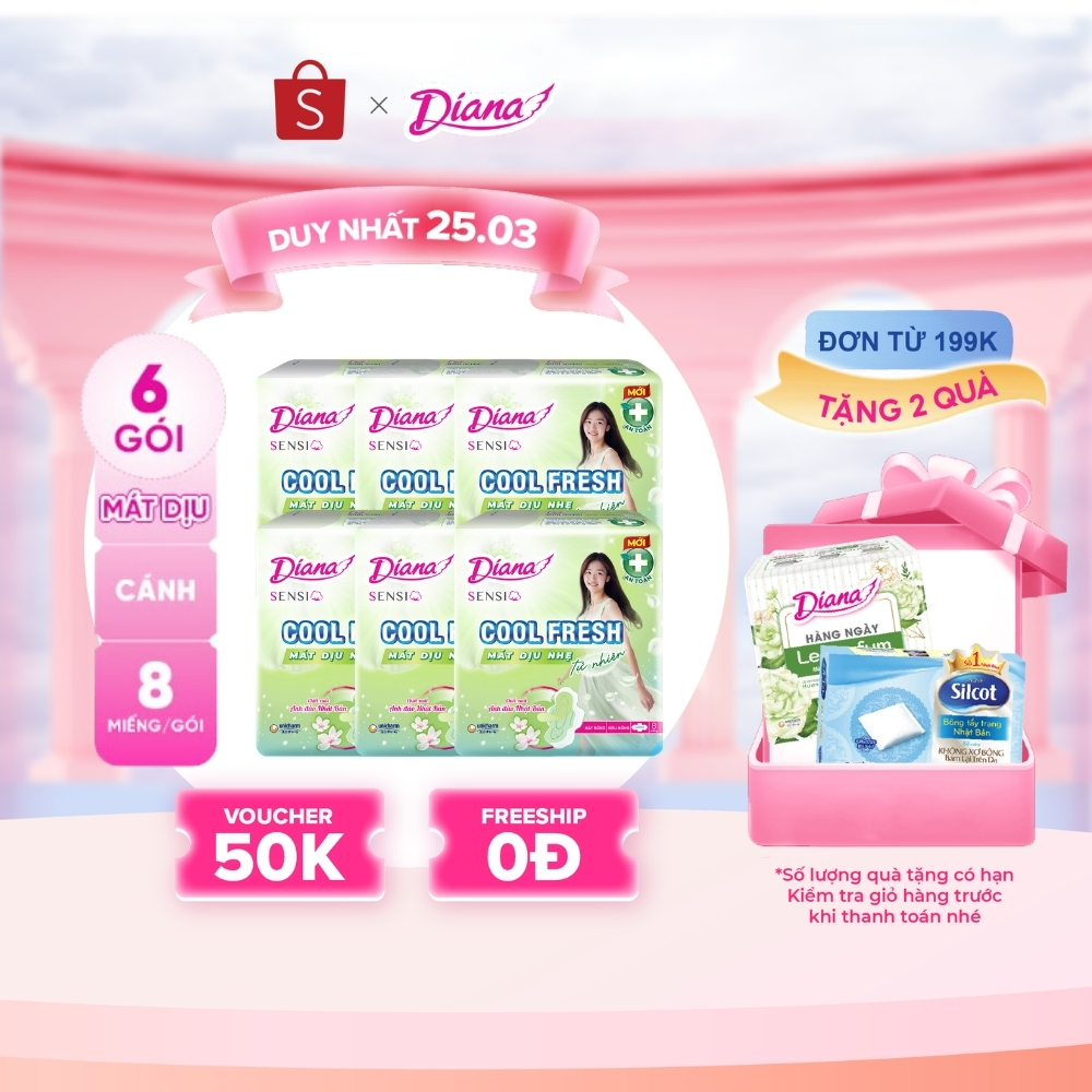 Bộ 6 gói băng Vệ Sinh Diana Sensi Cool Fresh Mát Dịu Siêu Mỏng Cánh 8 miếng