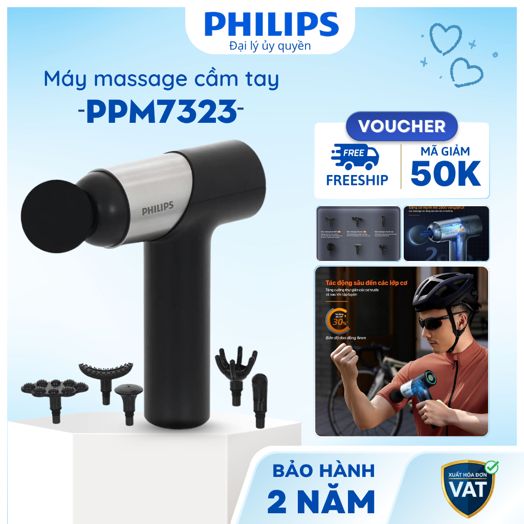 [Hỏa tốc] Máy Massage Cầm Tay Philips PPM7323 - 6 Đầu Massage Giảm Đau, 7 cấp độ điều chỉnh