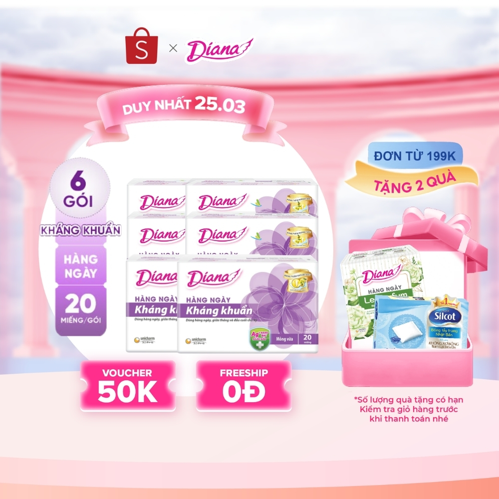 Bộ 6 gói băng vệ sinh Diana hàng ngày Sensi kháng khuẩn gói 20 miếng