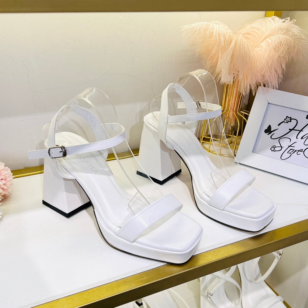 Giày đúp sandal HALEY STORE cao gót 10p mũi hở gót vuông quai ngang dây trơn ngang tiểu thư tiệc cướ