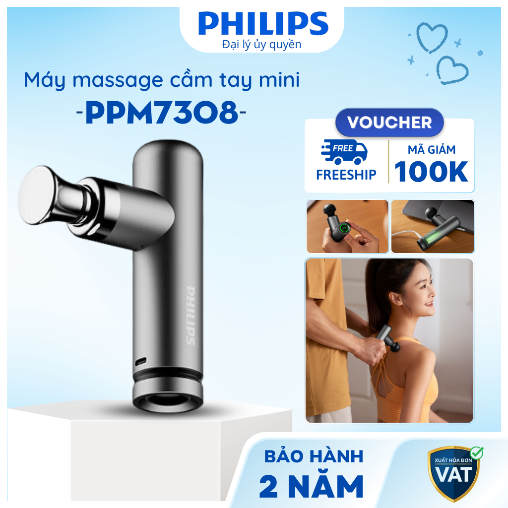 Máy Massage Cầm Tay Mini Philips PPM7308 | Giảm Đau Mỏi Cơ, Phục Hồi, Cho Người Tập Gym, BH 2 Năm