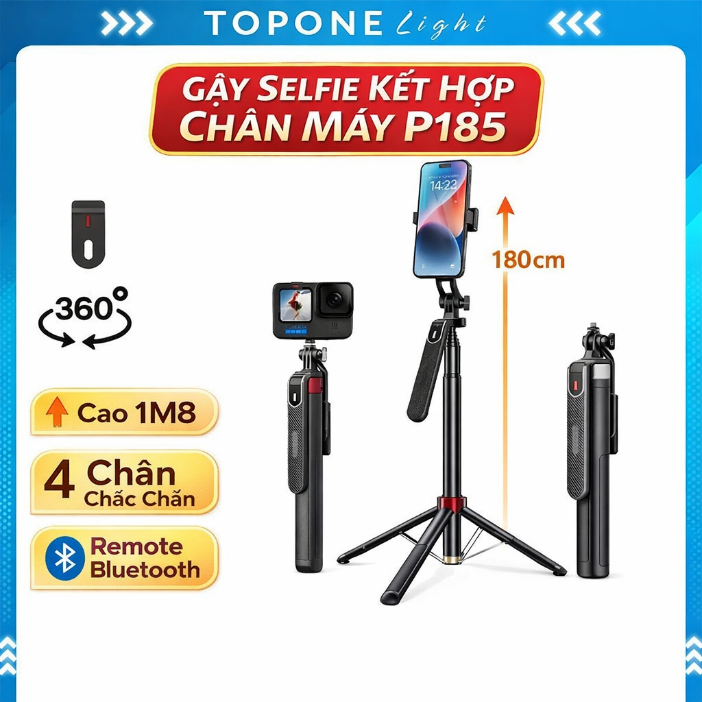 Gậy Chụp Ảnh 4 Chân P185 - Gậy Selfie Cầm Tay Tặng Kèm Remote, Chiều Dài Sử Dụng 30-180cm - Chính Hã