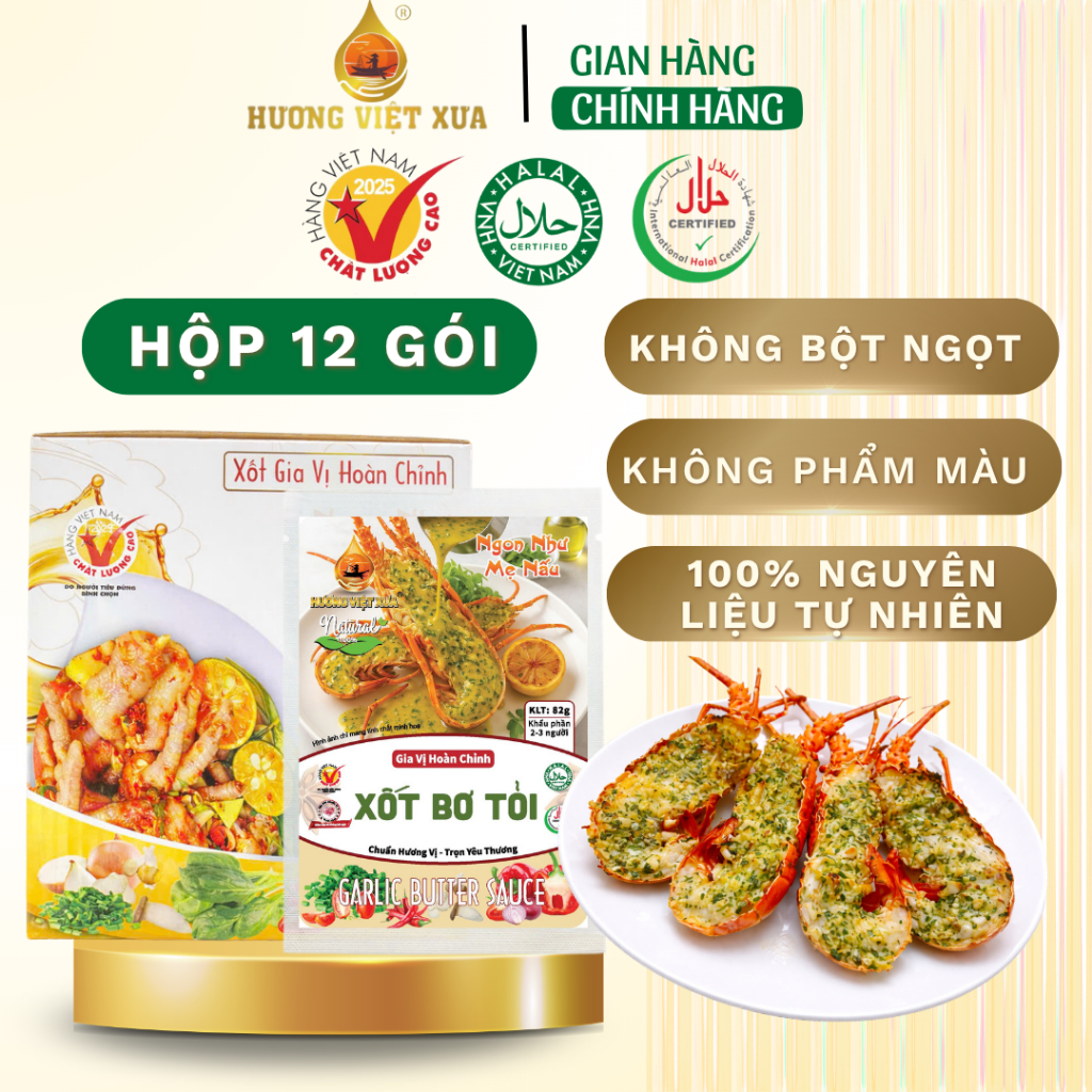 Hộp 12 Gói Xốt Bơ Tỏi Hương Việt Xưa 82 gram Sốt Bơ Tỏi Gia Vị Hoàn Chỉnh Xốt Bơ Tỏi