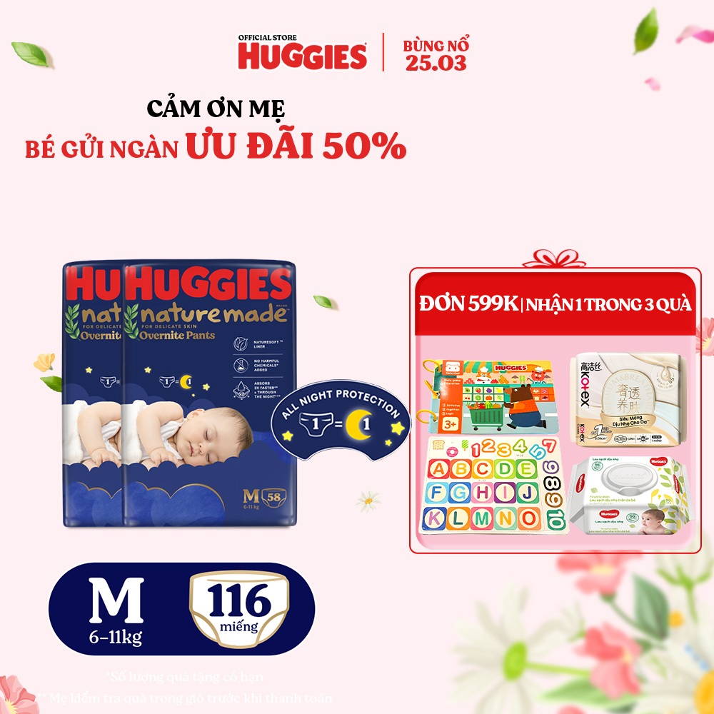 Combo 2 Tã quần Huggies Nature Made ban đêm M58/L44/XL38/XXL26