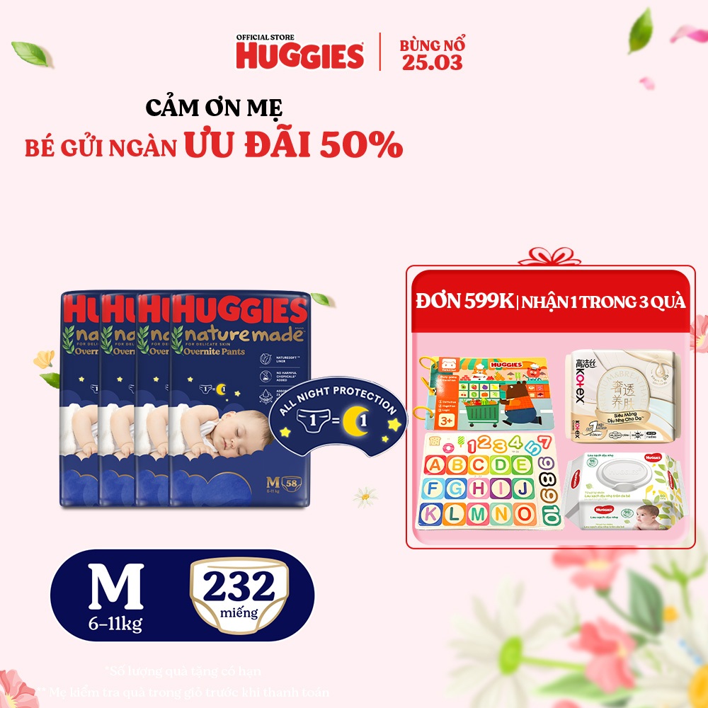 Combo 4 Tã quần Huggies Nature Made ban đêm M58/L44/XL38/XXL26