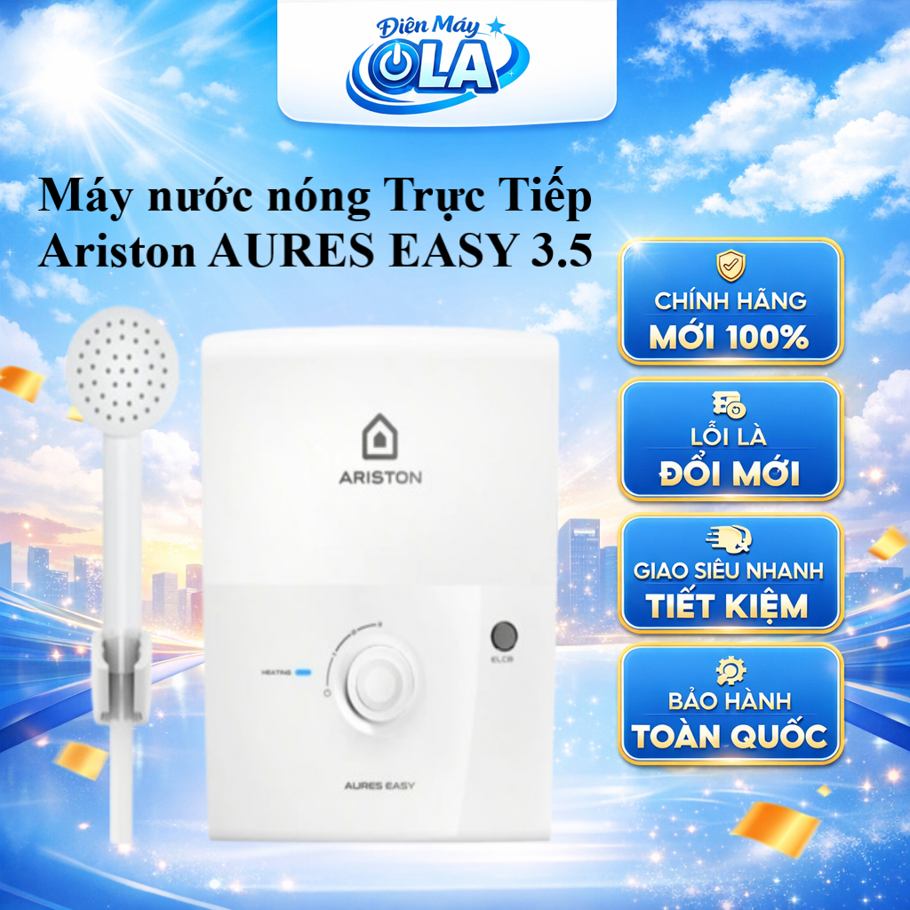 Bình Nóng Lạnh Trực Tiếp Ariston AURES EASY 3.5 - Không Bơm, Kích Thước Nhỏ Gọn, Bảo Hành 24 Tháng