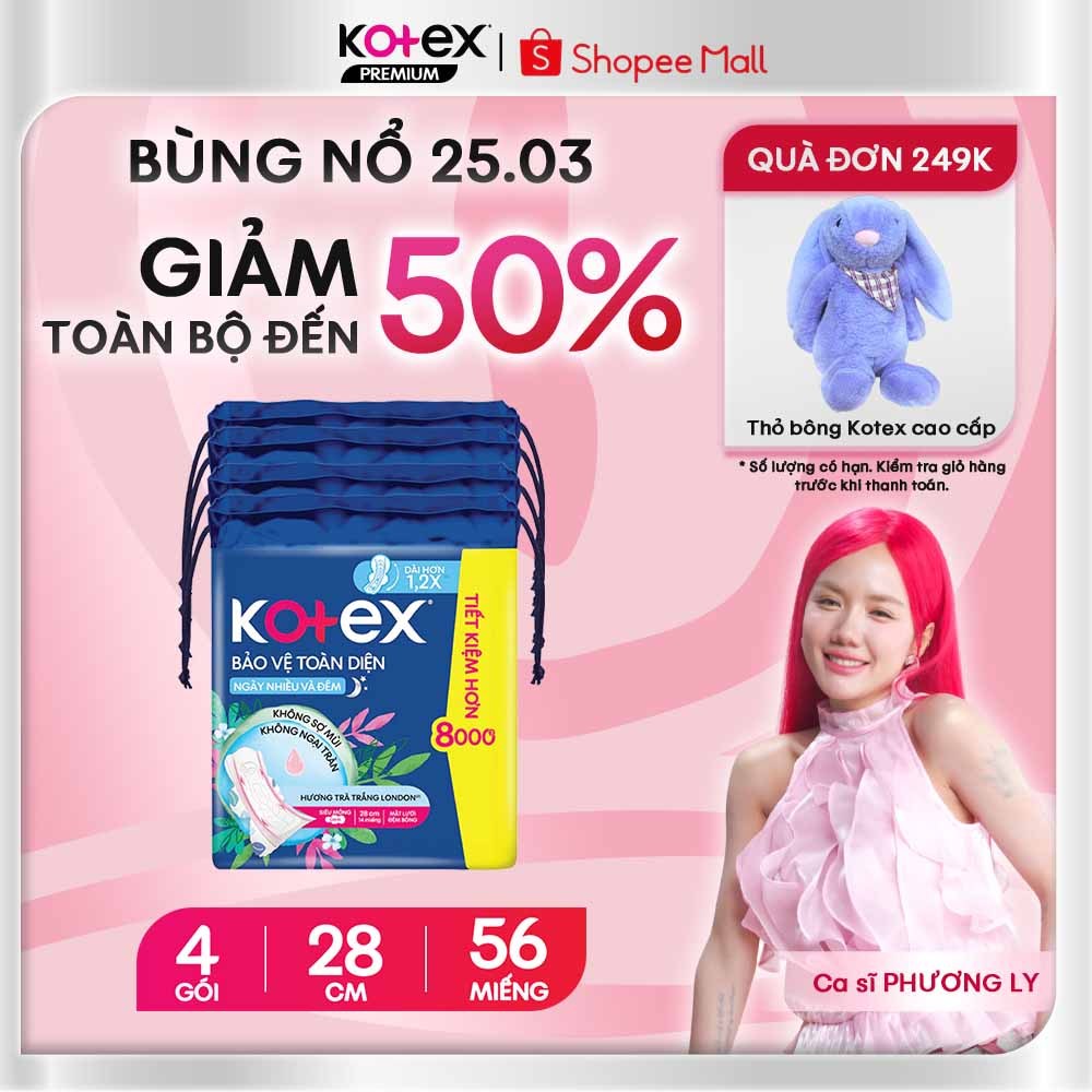 Combo 4 Gói Băng Vệ Sinh Kotex Bảo Vệ Toàn Diện Siêu Mỏng Cánh Khử Mùi Tinh Tế, Thấm Ngay Chỉ 1 Giây 28cm 14 Miếng/Gói