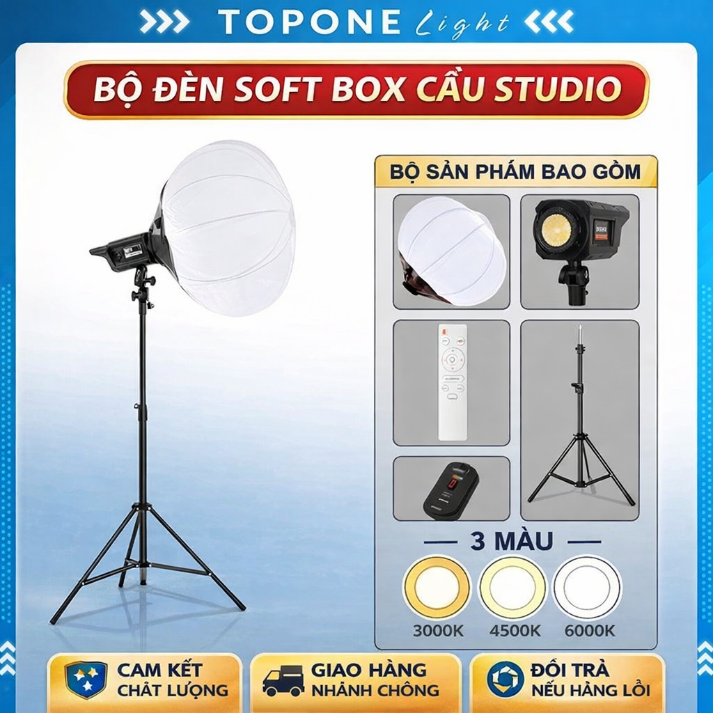 Bộ Đèn Studio Chụp Ảnh Softbox Cầu, Vuông – Quay Phim – Livestream – Siêu Sáng – Chính Hãng TOP ONE