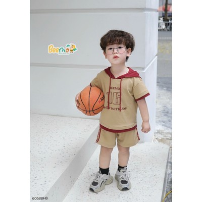 Set cộc tay Beemo phối mũ in chữ vải da cá co giãn cho bé mặc đi chơi từ 9-24kg 6058BHB