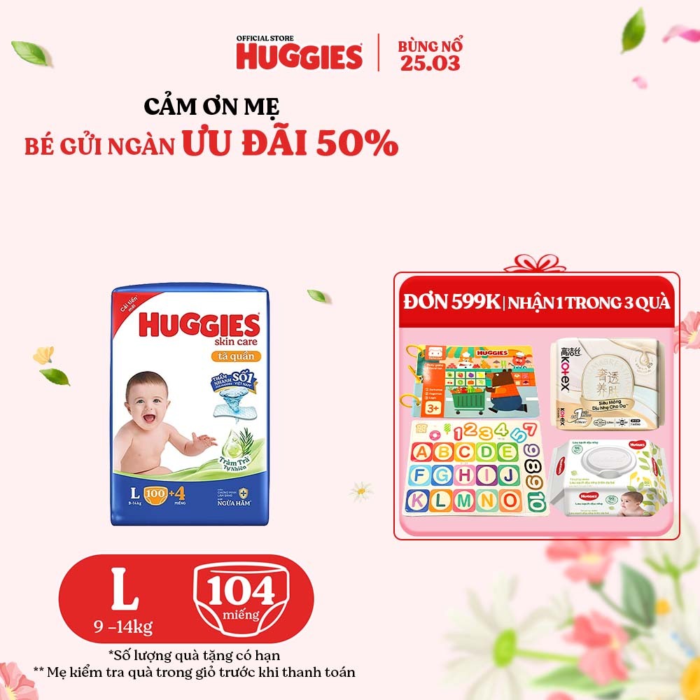 Tã quần Huggies Skincare Mega Jumbo M102+4/L100+4/XL84+4/XXL76+4