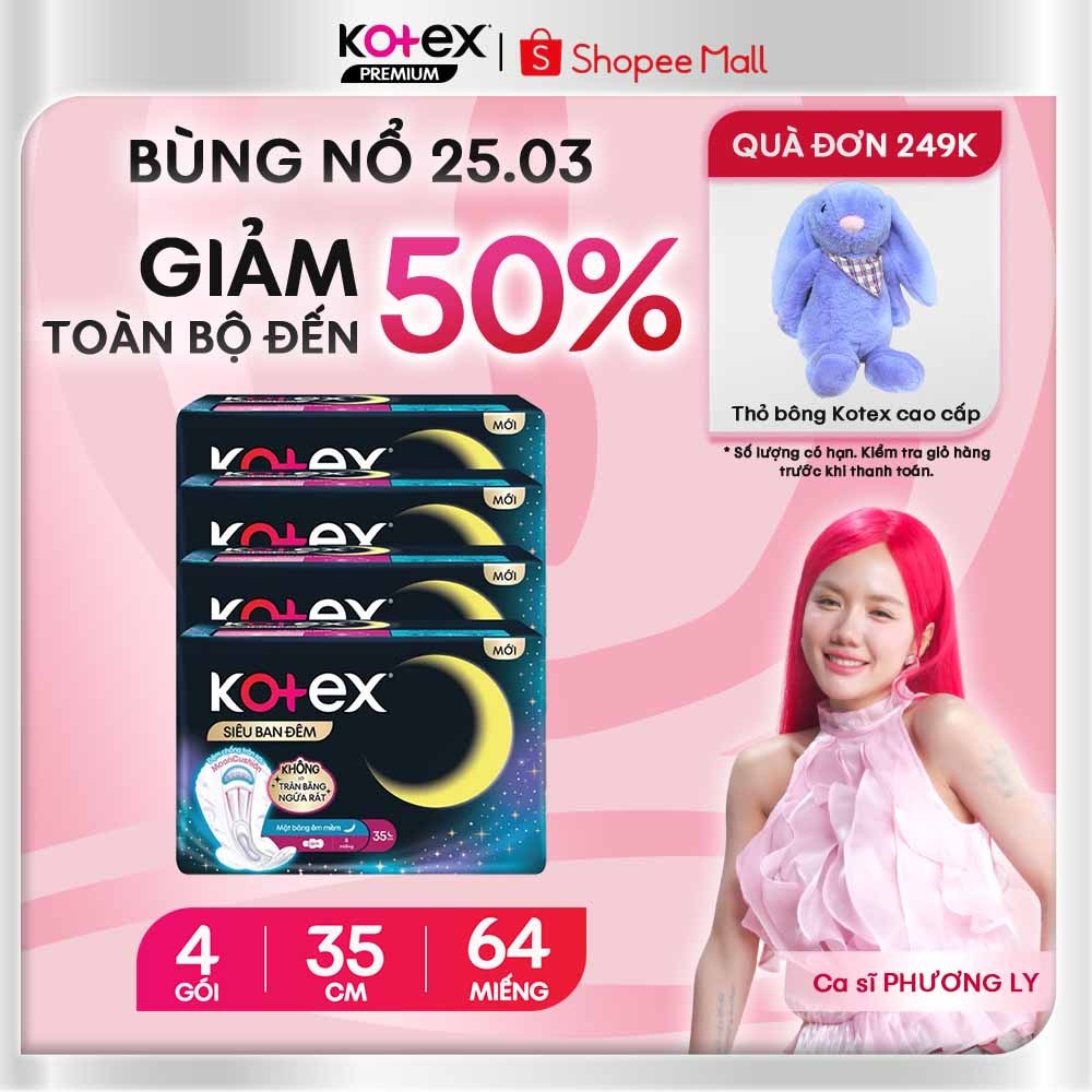 Combo 4 Gói Băng Vệ Sinh Kotex Siêu Ban Đêm Chống Tràn, Mềm Mại, Ôm Gọn, Không Lo Ngứa Rát 35cm Gói 8+1