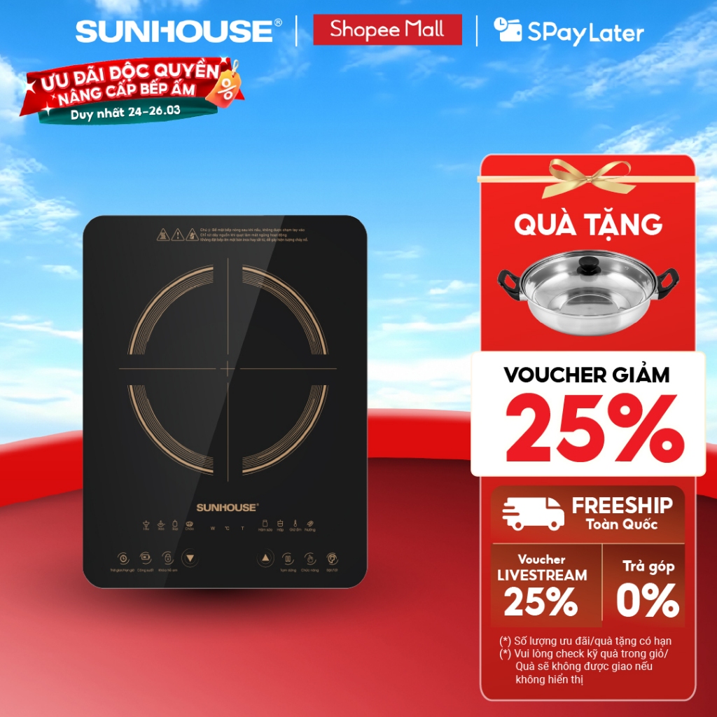 Bếp từ đơn Sunhouse SHD6803 - Công suất 2000W - Bảo hành 12 tháng - 8 chế độ nấu - Nút bấm điện tử