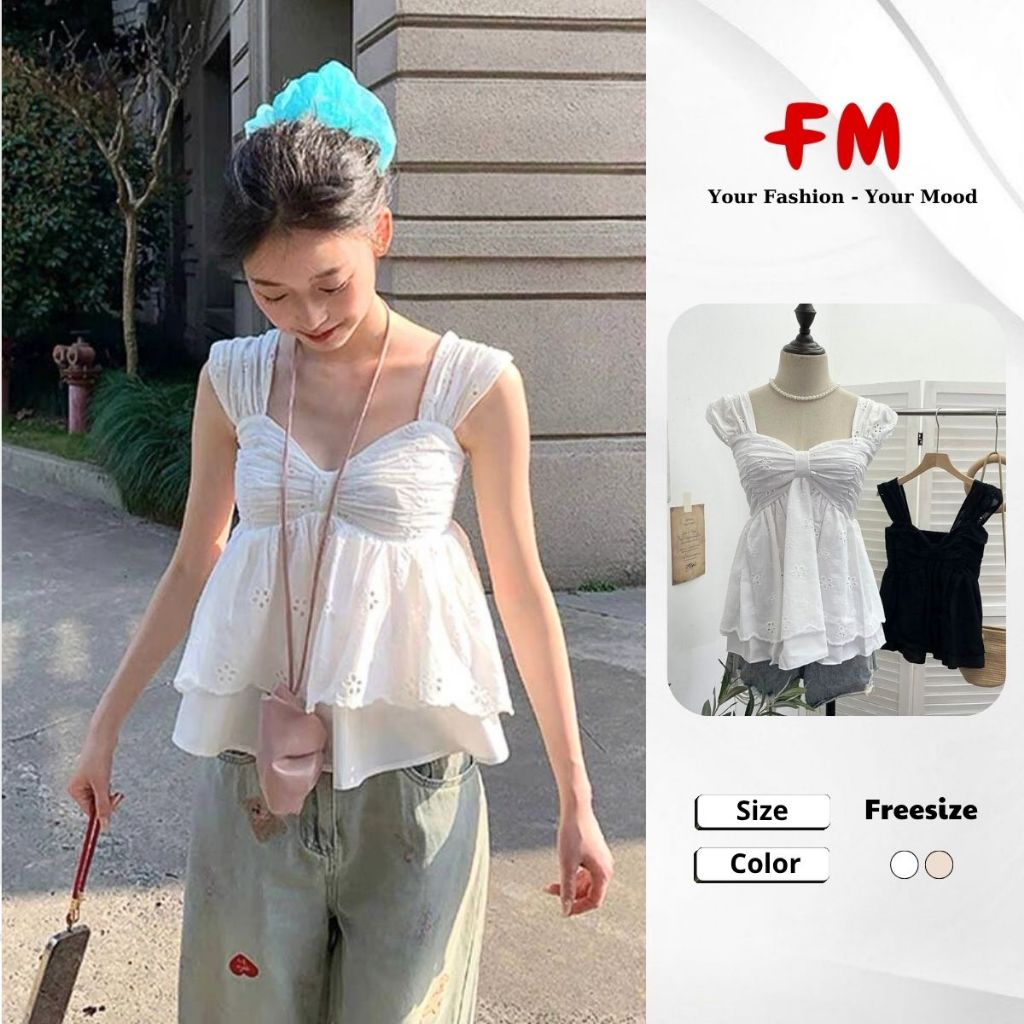 Áo Kiểu Nữ FMSTYLE SHOP - Thiết Kế Sát Nách Nhún Ngực Thêu Hoa Form Rộng Che Bụng Mỡ 26030495