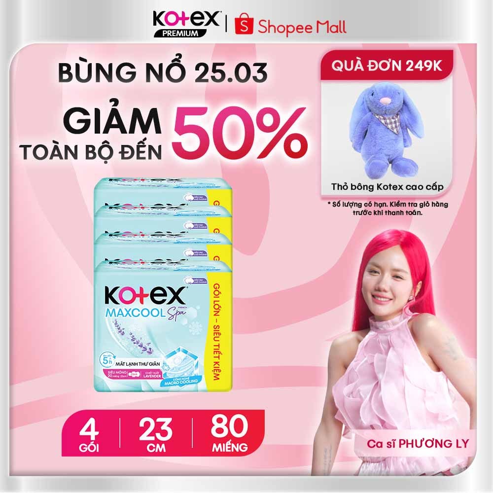  Combo 4 Gói Băng Vệ Sinh Kotex Maxcool French Spa Mát Lạnh Êm, Chiết Xuất Lavender Dịu Nhẹ 23cm 20 Miếng/Gói