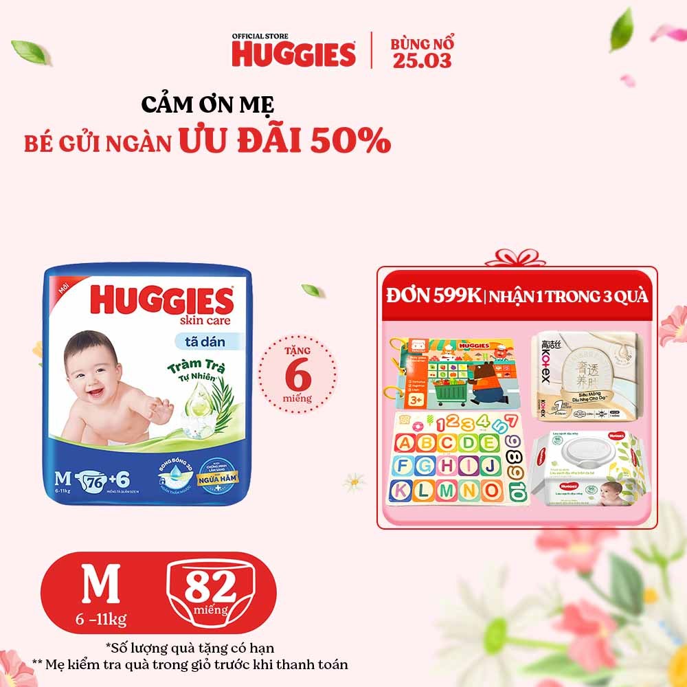 Tã dán Huggies Skincare Super Jumbo M82/ L68/ XL60/ XXL54