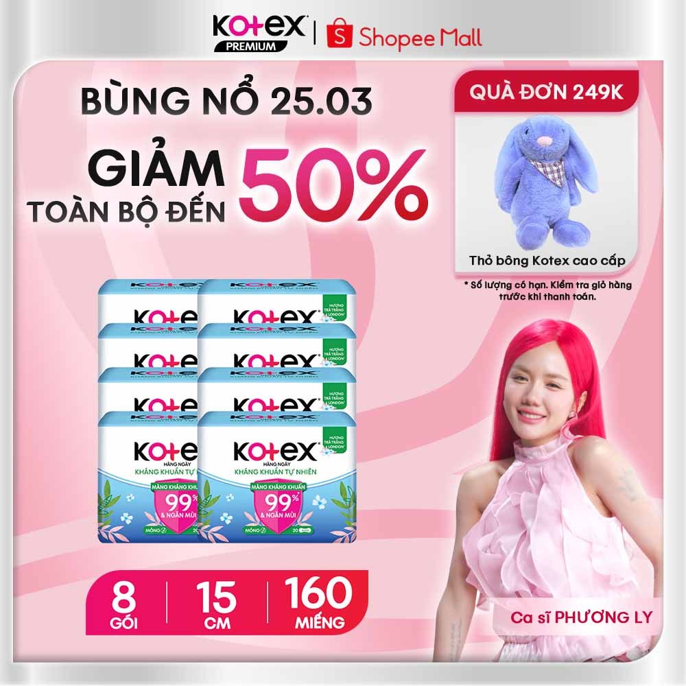 Combo 8 Gói Băng Vệ Sinh Hằng Ngày Kotex Kháng Khuẩn & Khử Mùi 15 cm 20 Miếng/Gói