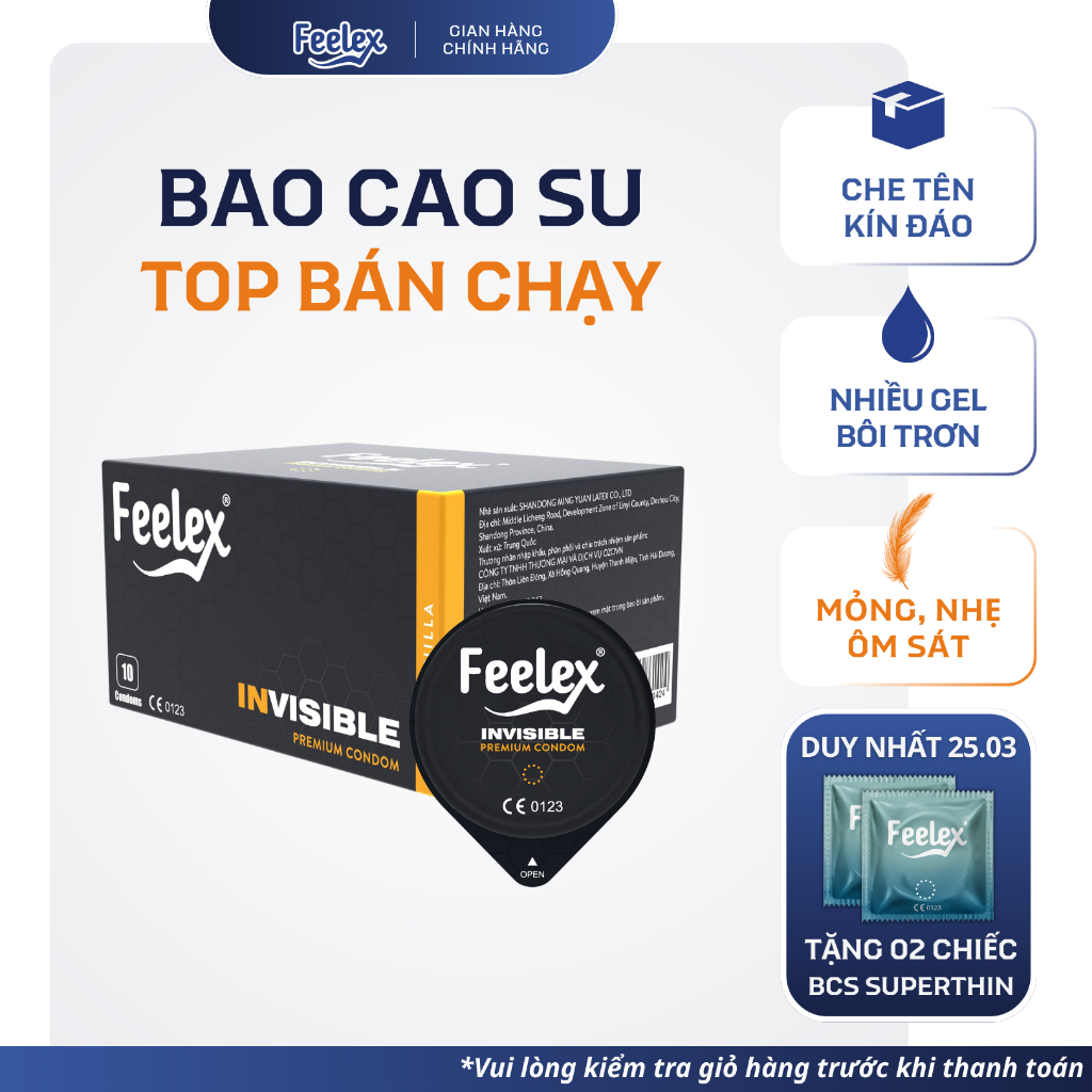 Bao cao su Feelex siêu mỏng, kéo dài thời gian, gân gai, nhiều gel bôi trơn - Hộp 10 bcs