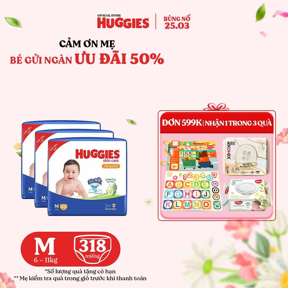 Combo 3 Tã quần Huggies Skincare Mega Jumbo M106/L96+8/XL84+4/XXL76+4