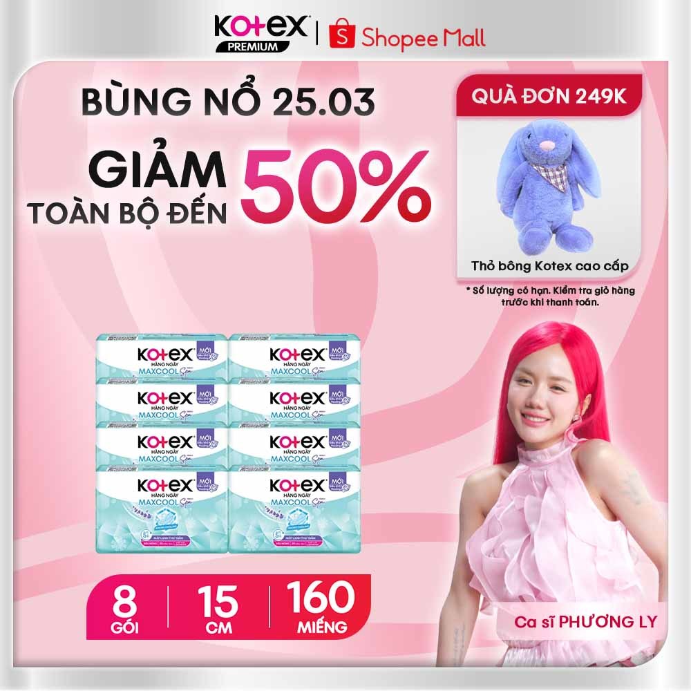 Combo 8 Gói Băng Vệ Sinh Hằng Ngày Kotex Compact Maxcool French Spa Mát Lạnh, Hương Lavender Dịu Nhẹ  15cm 20 Miếng/Gói