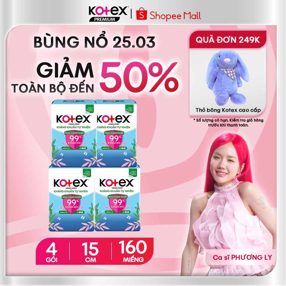 Combo 4 Gói Băng Vệ Sinh Hằng Ngày Kotex Kháng Khuẩn & Khử Mùi  15cm 40 Miếng/Gói