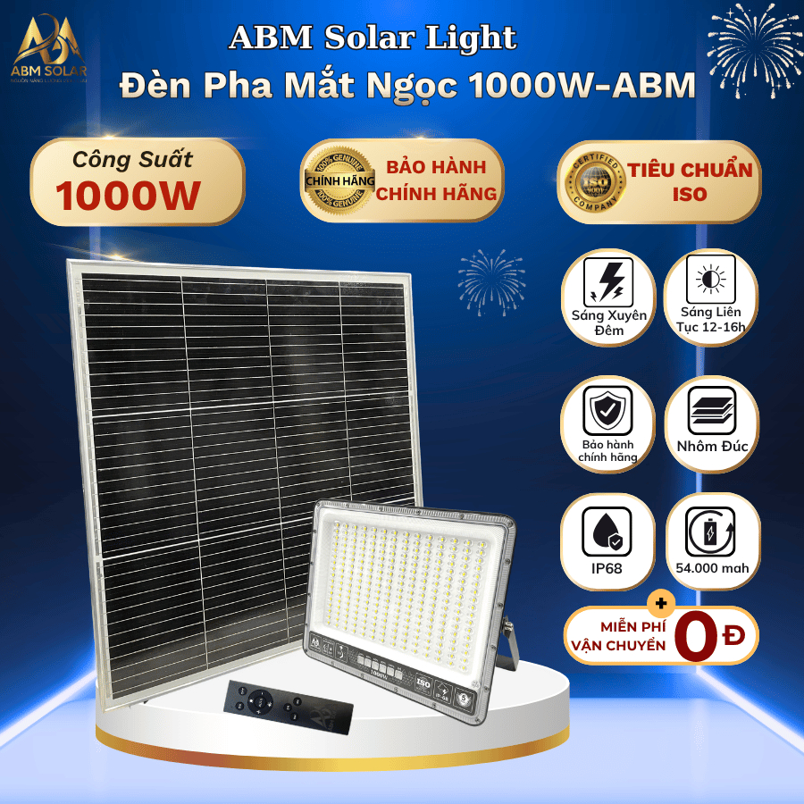 [1000W] Đèn Năng Lượng Mặt Trời Nhôm Đúc Nguyên Khối,Chống lóa lắp trong nhà, Kho Hàng ABM SOLAR